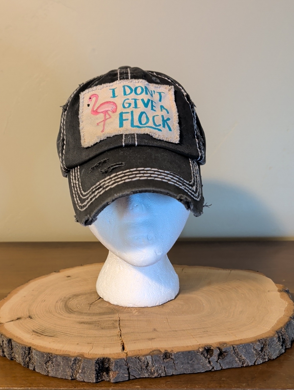 Womens Black Distressed Cap with Pink Flamingo Patch - I Don't Give A Flock